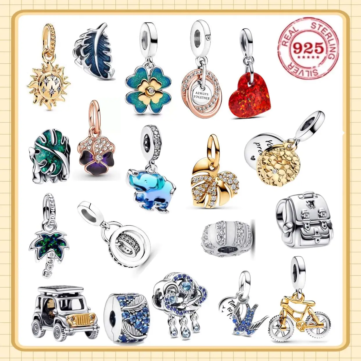 

Summer 100% 925 Pure Silver Bicycle Coconut Tree Love Clover Slot Pendant Women's Bracelet DIY Accessories Exquisite Jewelry