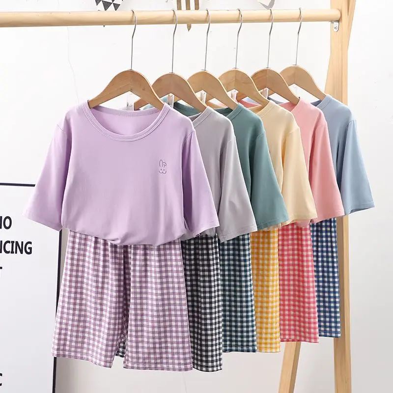

2025 Summer New Childrens Pajama Sets Casual Daily Solid Color Short Sleeve Top + Plaid Loose Pants 2-Piece Set