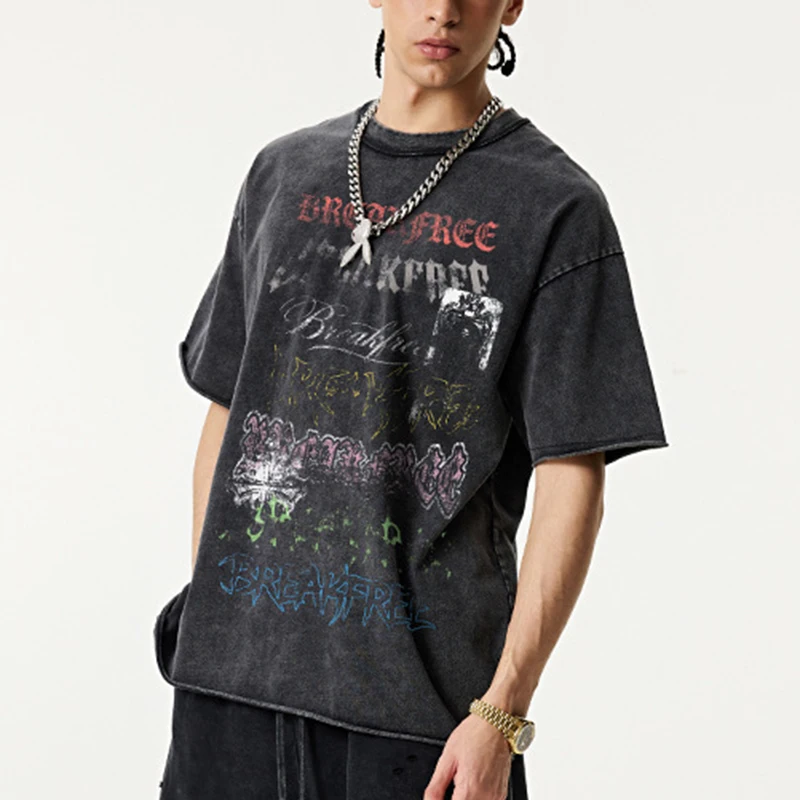 American Style Retro Mens T Shirt Summer Heavyweight Cotton Washed Shirt Casual Digital Direct Print Short Sleeve Streetwear Top