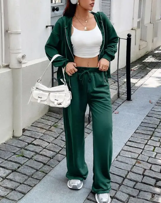 

Two Piece Set Women Outfit 2026 New Spring Autumn Solid Color Long Sleeve Hooded Zipper Sweatshirt & Casual Sports Pants Set