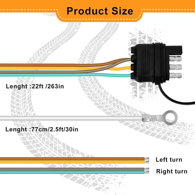 22FT 4 Pin 5 Wire Trailer Wiring Harness Pure Copper Wire Trailer Male Plug Connector For Rewiring Trailer Both-Side Taillights