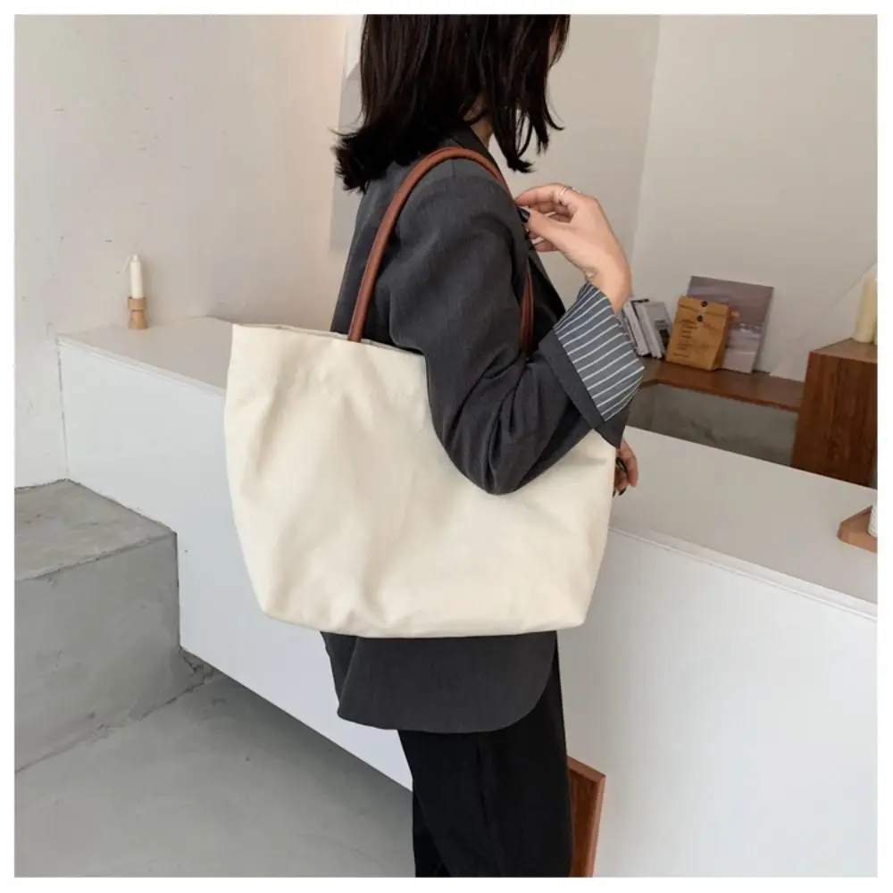 White Black Shoulder Bag Classic Canvas Books Storage Handbag Snap Fastener Tote Bag Student Books Storage Bag