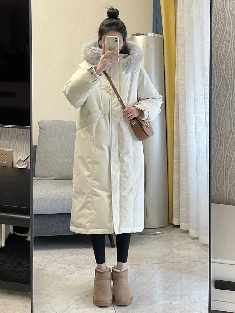 

New Winter Long Jacket Women Large Fox Real Fur Collar Hooded 90% White Duck Down Coat Casual Loose Warm Outwear
