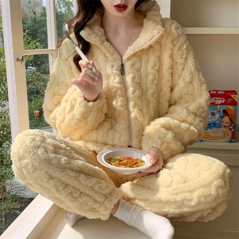 Autumn Winter Sweet Coral Fleece Pajamas Women Fleece-lined Thickened 2023 New Zip-up Flannel Warm Home Wear Set
