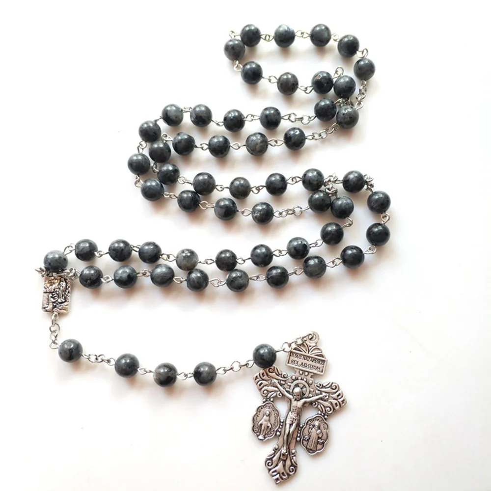 Cottvott Black Stone Beads Chain Rosary Necklace St.Benedict Miraculous Medal Forgiveness Crucifix Cross Prayer Chaplet Jewelry