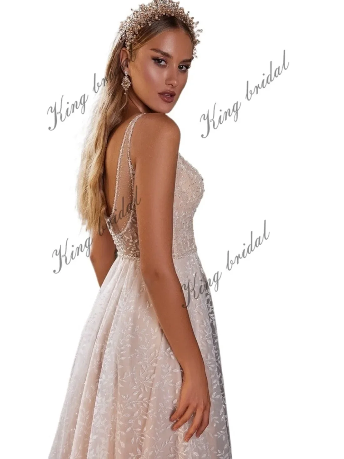 Women Sparkle Crystals Embroidered A Line Wedding Dress Backless Bridal Gowns Glitter Custom Simple Wedding Dress