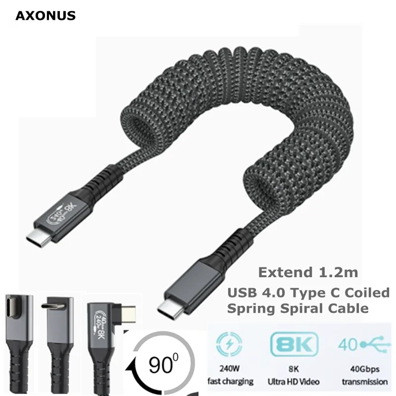 1.2M Coiled 240W USB 4 Cable, Spring 40Gbps 8K@60Hz PD USB Type C to USB C Male to Male with 90 Degreen Cable Cord