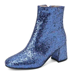 Duży rozmiar 48 49 50 Gold Silver Blue Sequined Cloth Glitter Winter Shoes Women Chunky High Heels Bling Party Ankle Chelsea Boots