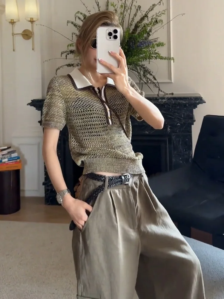 Y2K حجم كبير الصيف متماسكة تي شيرت للنساء الذهبي البني الجوف خارج فضفاضة تناسب بولو طوق بلايز تصميم فريد الأمريكية الرجعية المحملة