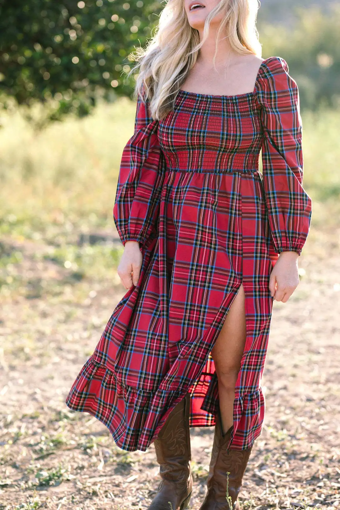 ชุดคลุมท้องลายสก็อตคริสต์มาส แขนยาว ชุดคลุมท้องบูติกสำหรับถ่ายภาพคนท้อง งานเลี้ยงฉลองก่อนคลอด งานเปิดเผยเพศลูก