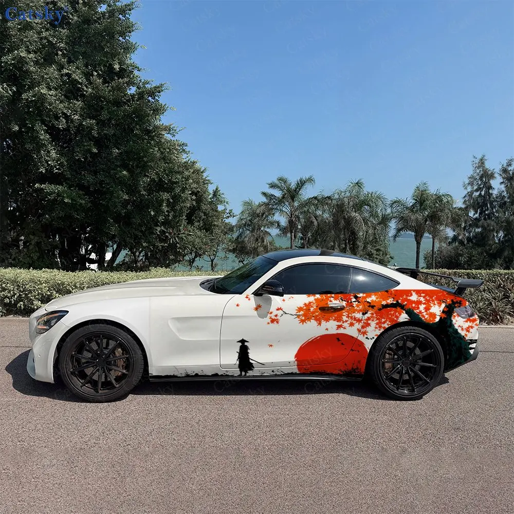 2pcs Samurai & Maple Leaf Car Side Wraps, Self-Adhesive PVC Waterproof & Scratch-Resistant Stickers, Car Accessory Gift