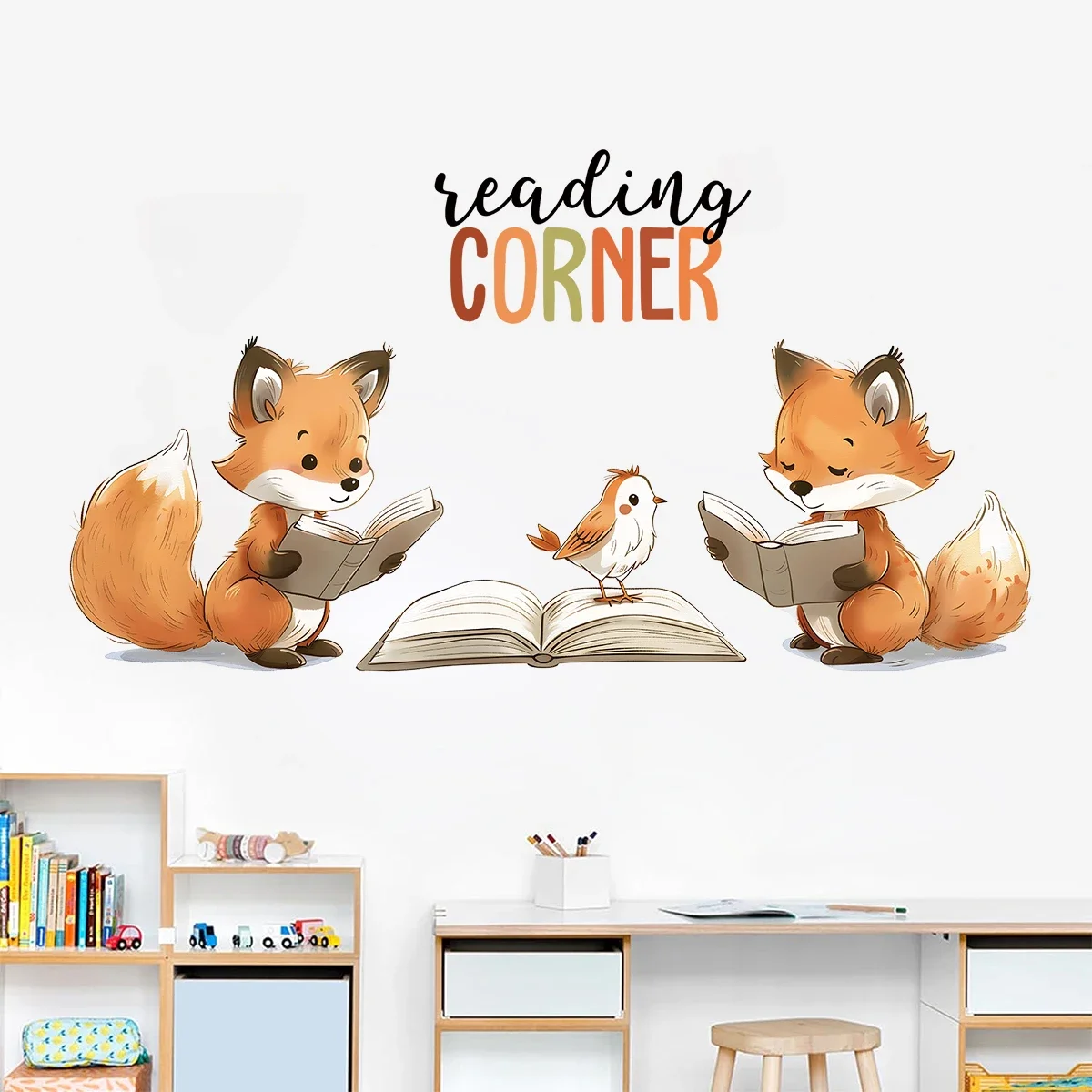 1Pc Cartoon Cute Reading Fox Furniture Wall Stickers Baby Room Home Essentials Kids Room Decor Living Room Decoration Bedroom