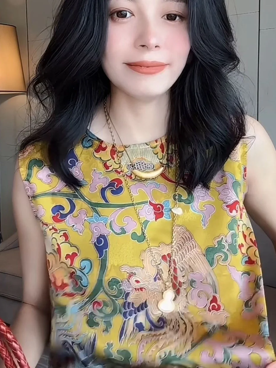 Nouveau chinois Sle industrie lourde Faion gilet haut imprimé tendance nationale rétro haut de gamme Aosphère femmes irt coréen lâche...