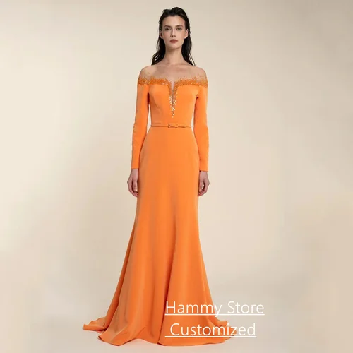 Vestido de noche de sirena de moda personalizado transparente cuello redondo mangas largas lentejuelas tren de barrido vestido de fiesta Formal vestidos de graduación