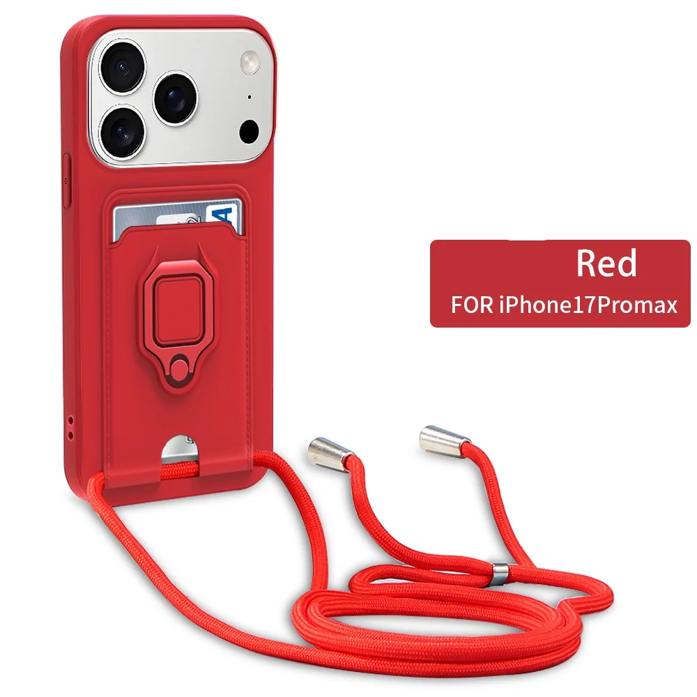

Crossbody Lanyard Silicone Ring Holder Card Wallet Case For iPhone 17 Air 16 15 13 11 12 14 Pro Max 8 7 Plus Slide Camera Cover