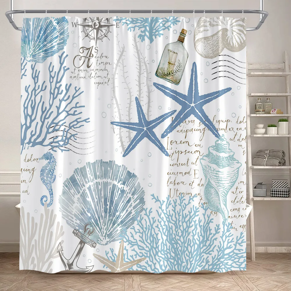 Blue Starfish Shower Curtains Seahorse Shell Coral Conch Mediterranean Nautical Bath Curtain Polyester Fabric Bathroom Decor Set