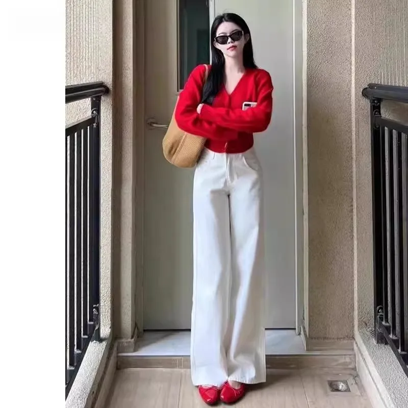 Spring White Slim Wide Leg Denim Jeans Women High Waist Straight Cut Loose Hanging Ground Straight Tube Pants Pear Shape Slim...