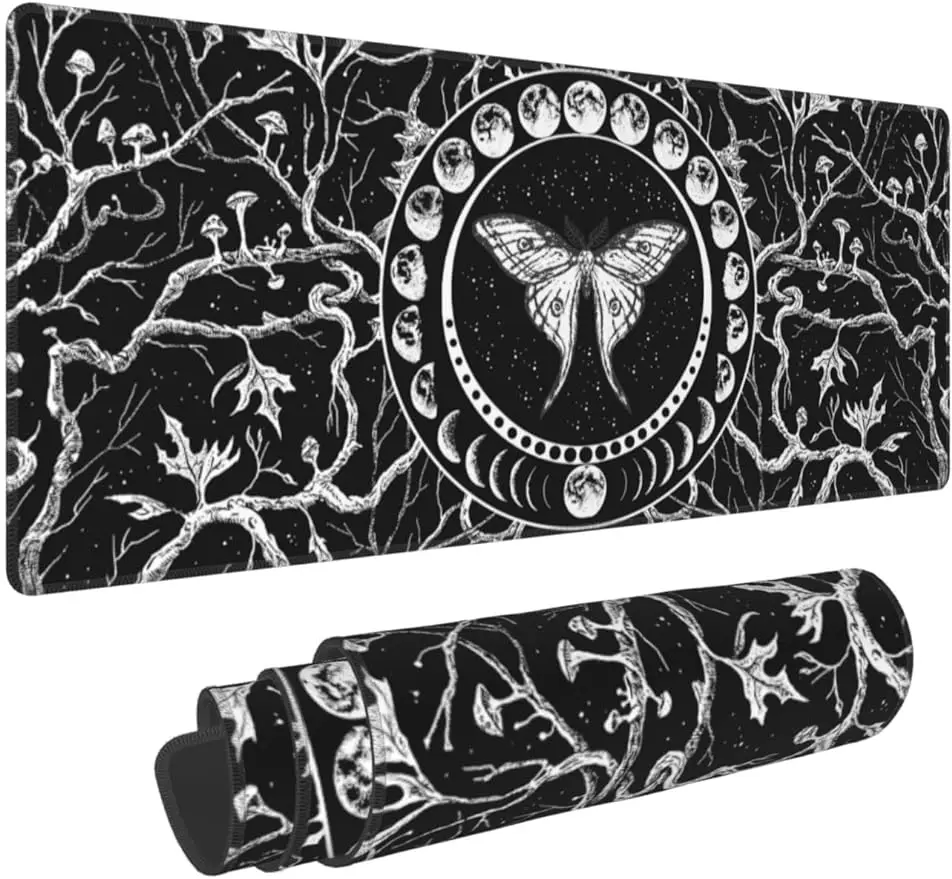 

Black and White Moth Moon Phase Gaming Keyboard Mouse Pad Mousepad Extended XL Stitched Edge Rubber for Home Office 31.5"X 11.8"