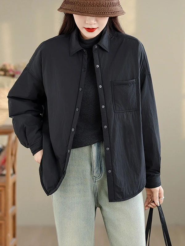 

2025 Autumn Winter Faion Casual Pure Color Loose Thiened Cotton Jaet irt Outerwear Simple Design Large Size Collar