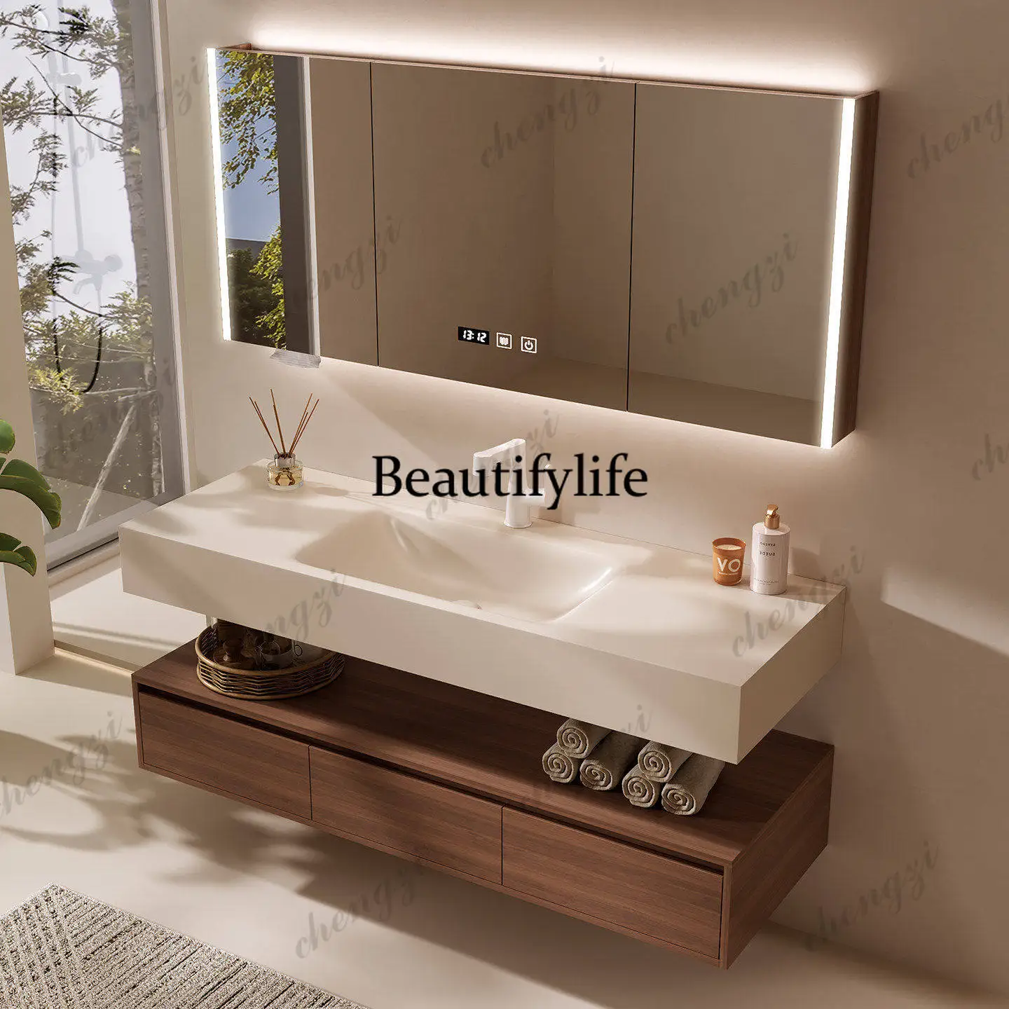 Walnut medieval style bathroom cabinet beige rock slab hot bending integrated basin toilet wash basin