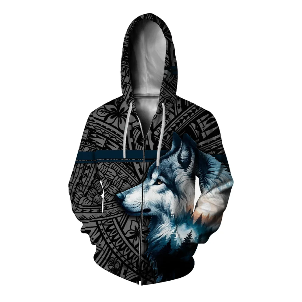 

Stylish Wolf Print Zip Up Hoodies Hooded Sweatshirt Man Mens Hoodie Men Trendy and Versatile New in Sweatshirts Men's Clothing