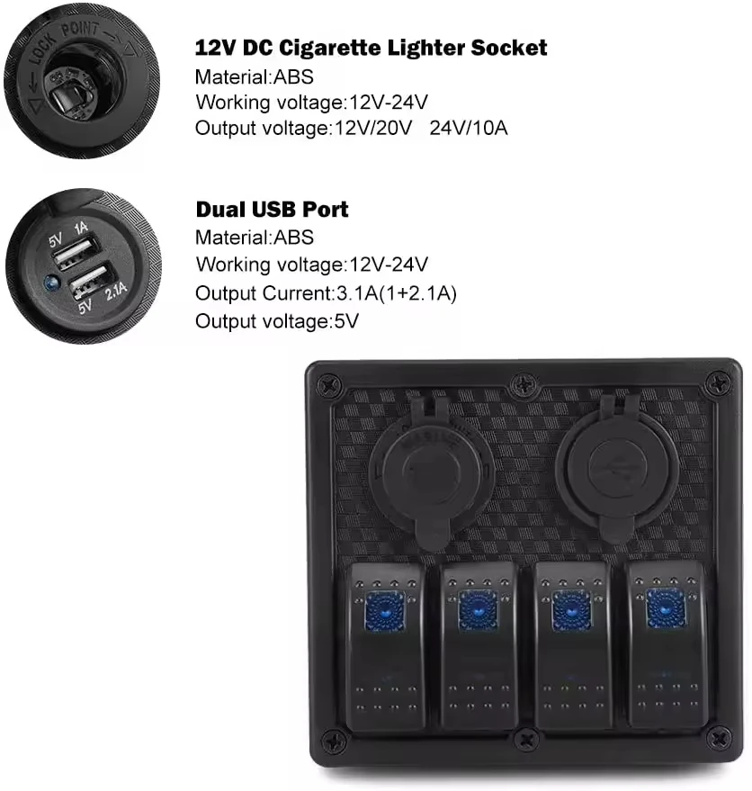 New Arrivals 4-Gang Rocker Switch Panel With 15W Dual USB Port+12V Cigarette Lighter Socket With Waterproof Rubber Cap