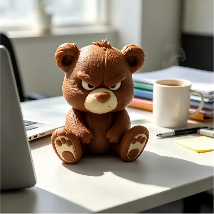 3D-printed plastic Christmas decorative bear, a model of a grumpy and eccentric bear for home and office decoratio