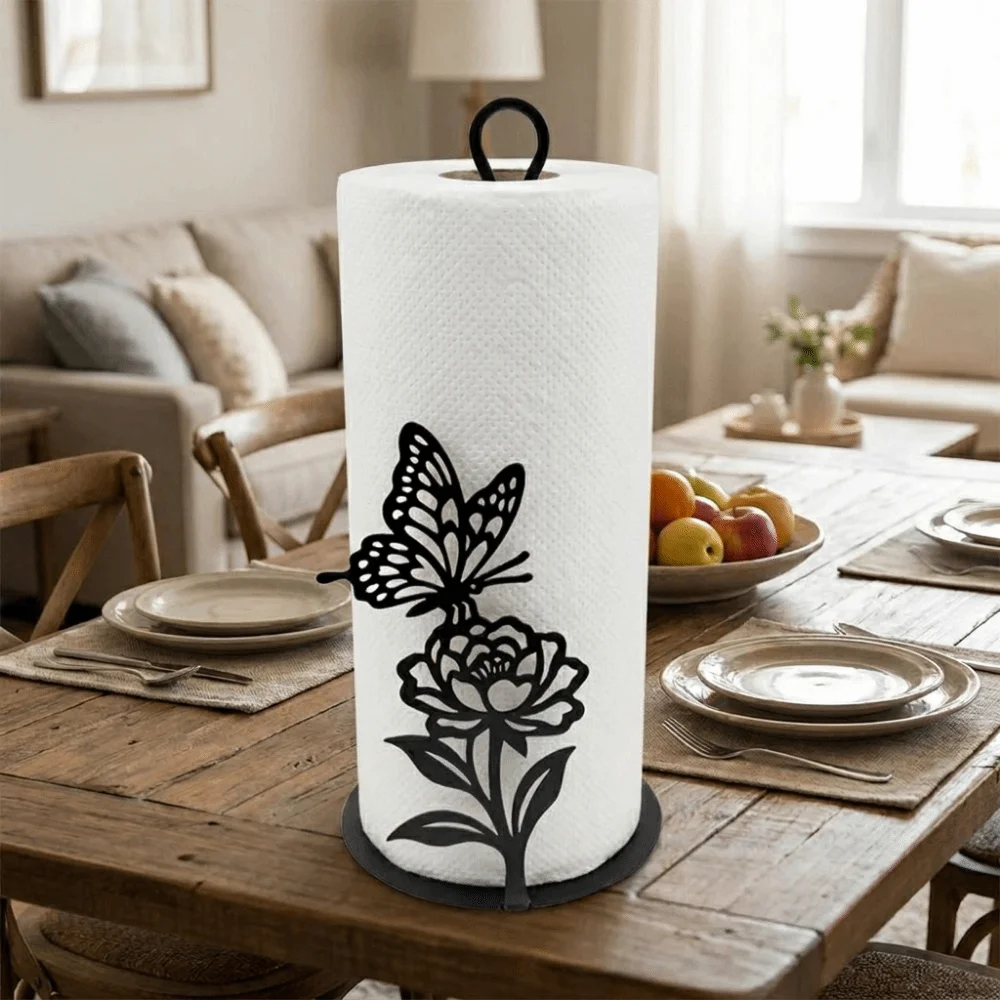 Simple 2D Flat Butterfly Napkin Holder Free Standing Decorative Roll Paper Towel Holder Wooden Base Paper Towel Rack for Kitchen
