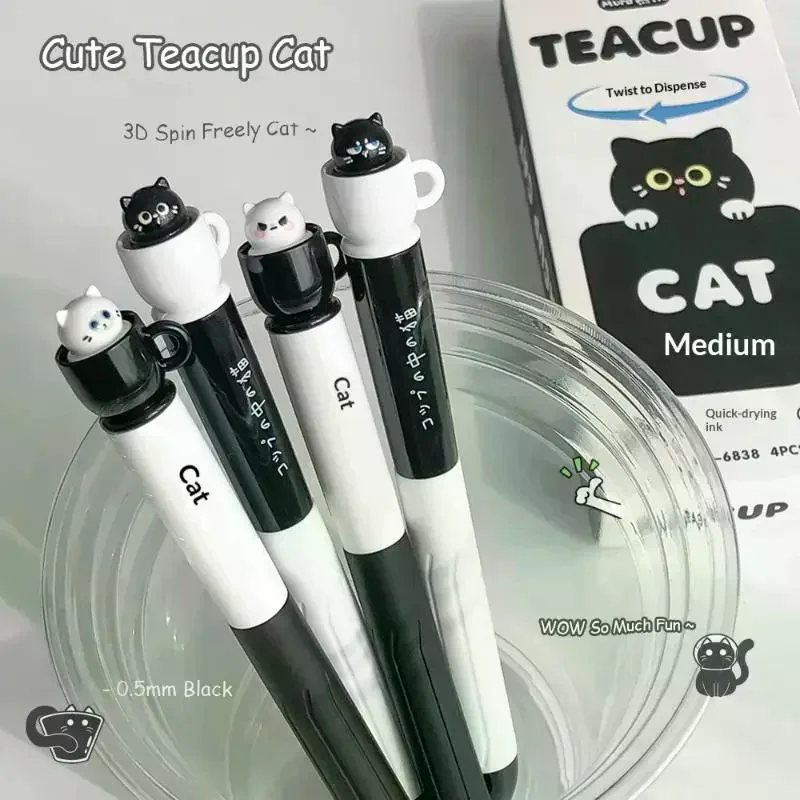 Teacup Cat Gel Pens 0.5mm Fun Animal Quick Dry Pen Creative Rotating Cat Pocket Pen For School & Office Use Cute