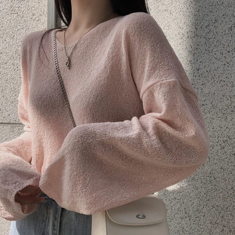 Lässiger Oversize-Pullover aus Eisseide mit langen Ärmeln, dünner Strick, koreanischer Chic, vielseitiger Damen-Pullover, Sonnenschutz-Cover-Up, Crop-Top