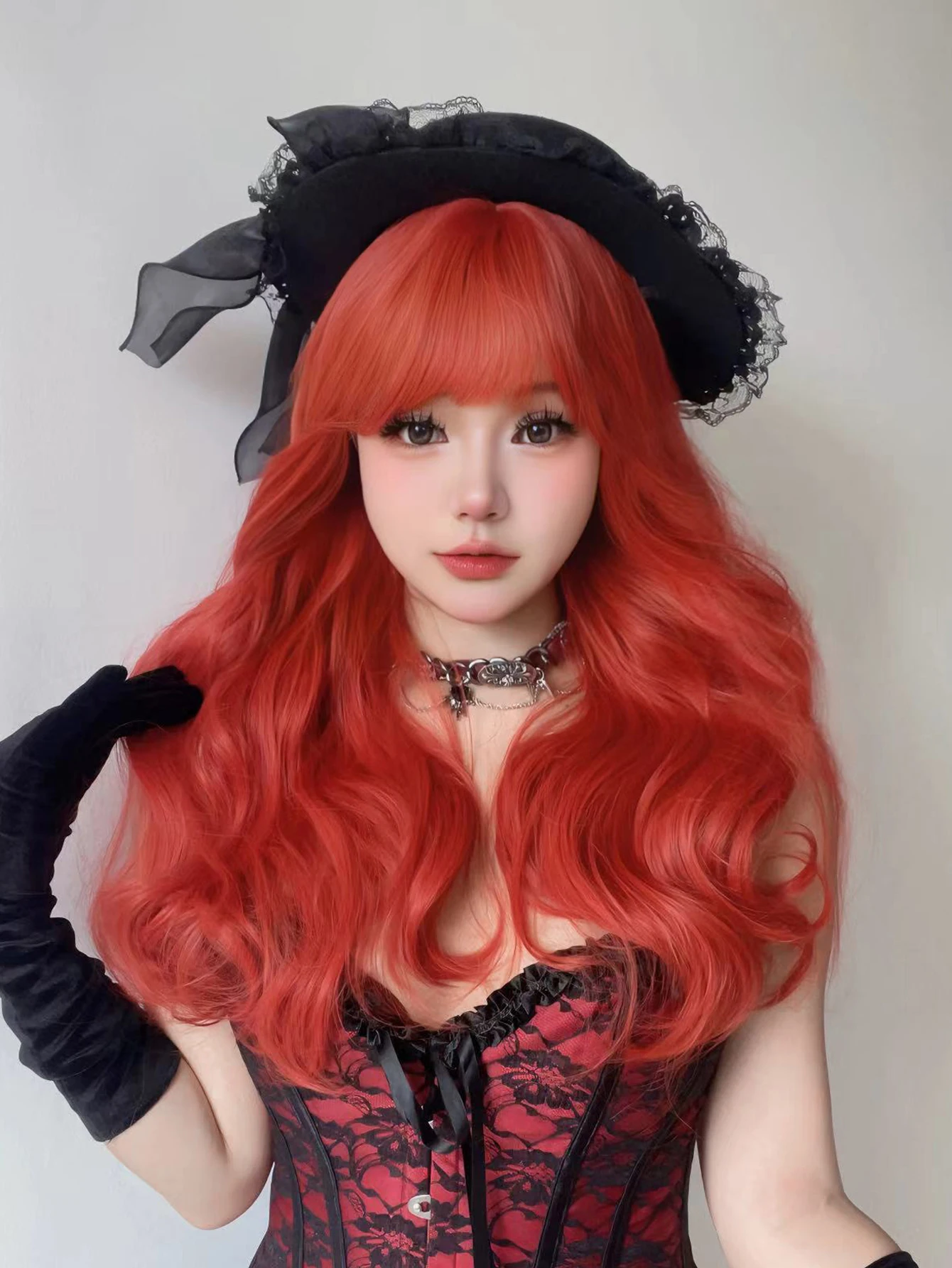 24Inch Red Color Lolita Wizard Synthetic Wigs With Bang Long Natural Wavy Hair Wig For Women Daily Cosplay Party Heat Resistant