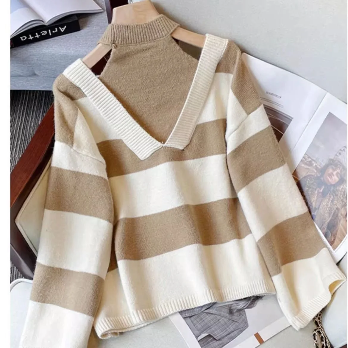 Striped Patchwork Round Neck Knitted Sweater Pullover Casual Wide Leg Pants Two-piece Set Fashionable Women\'s Pants Sets