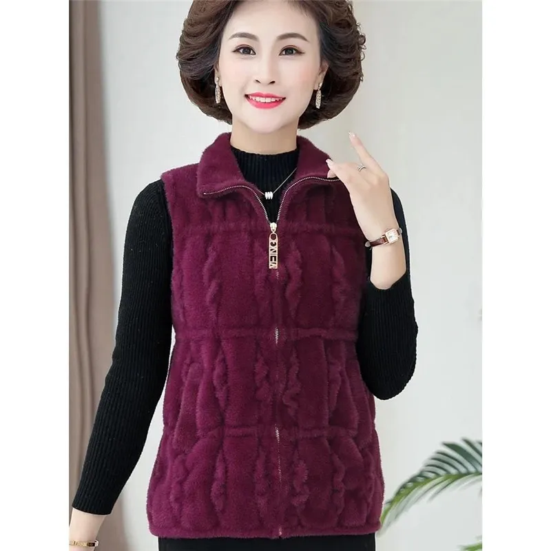 Middle-Aged Elderly Woolen Women\'s Coat Resemble Mink Cashmere Vest Fashion Spring Autumn Waistcoat Grandma\'s Keep Warm Jacket