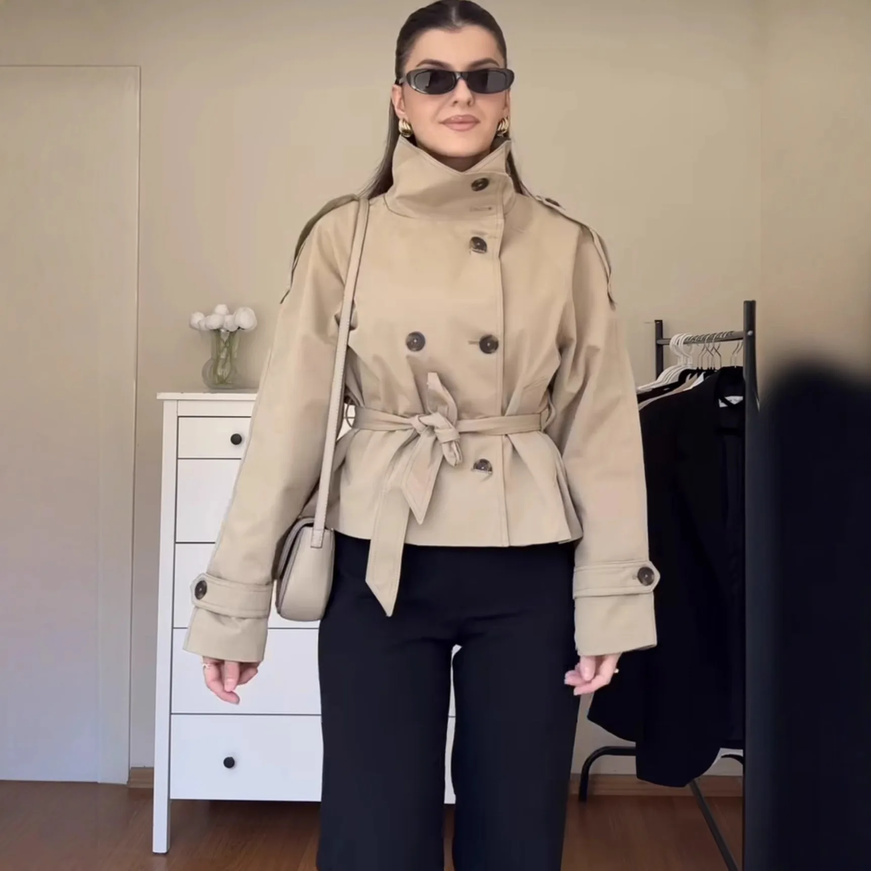 Belted Waist Cropped Trench Double Breasted Stand Collar 2025 Autumn Chic Elegant Women Coat Casual Vintage Office Lady Jacket