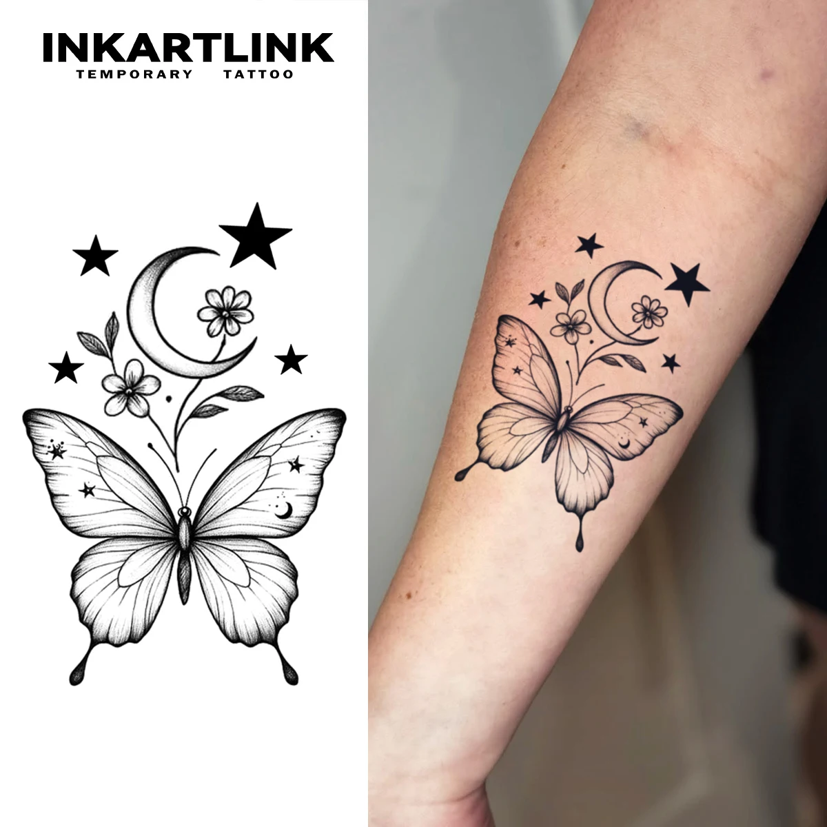 INKARTLINK Herbal Ethereal Moon Bloom Butterfly Temp Tattoo for Whimsical Daily Wear & Relaxed Outings.