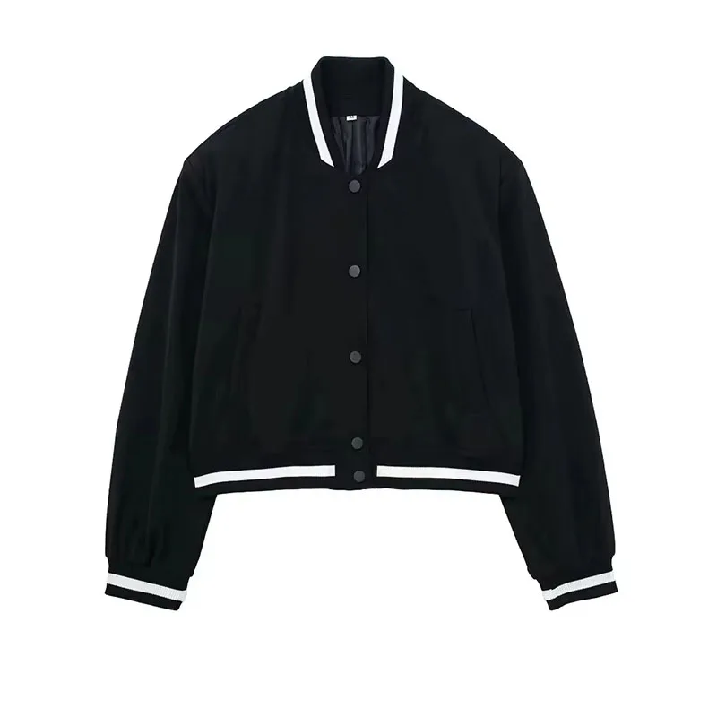 Moda 2025 chaqueta Bomber Lisa negra para mujer, abrigo recortado con botones de manga larga, Tops Retro Chic para mujer, ropa de calle para mujer