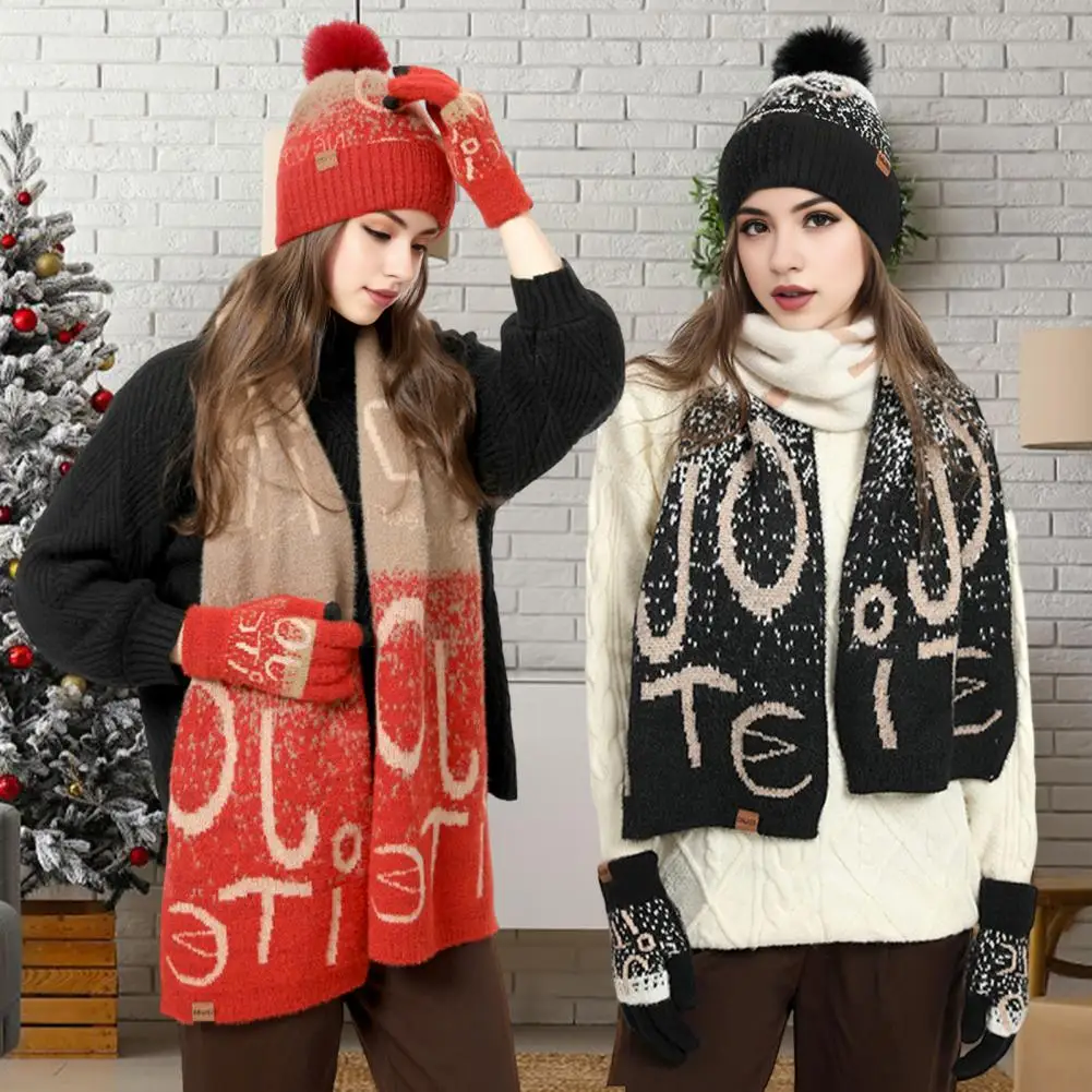 Christmas Themed Winter Hat 3-piece Unisex Christmas Knit Set Beanie Scarf Gloves Warm Winter Gift Dome Neck Wrap Thick Jacquard