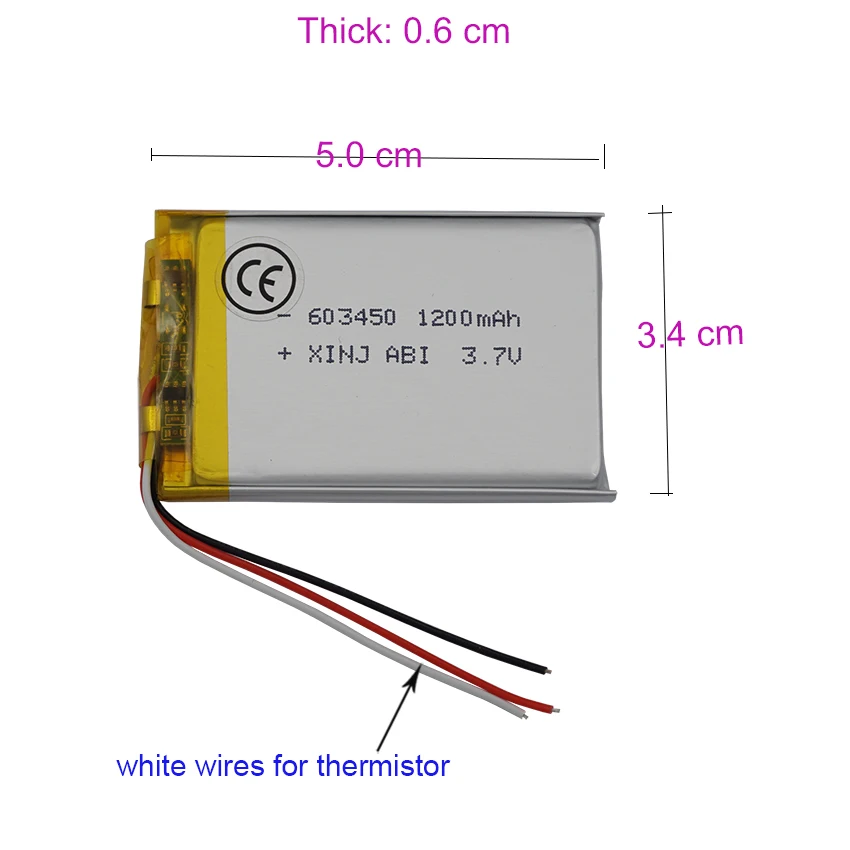 3.7V 1200 mAh 603450 polimerowa bateria Lipo termistor 3 przewody JST 3pin 1.0/1.25/1.5/2.0/2.54mm dla Sat Nav Camera Music Player