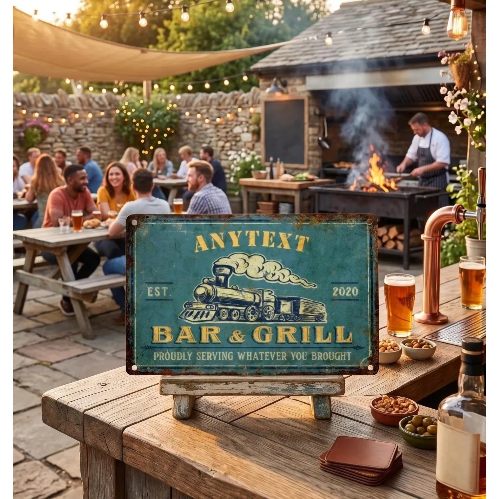 [2D Flat] Custom Distressed Teal Bar & Grill Metal Sign, Personalized Text Est Year Wall Plaque, Pub Decor (Only For Decoration)
