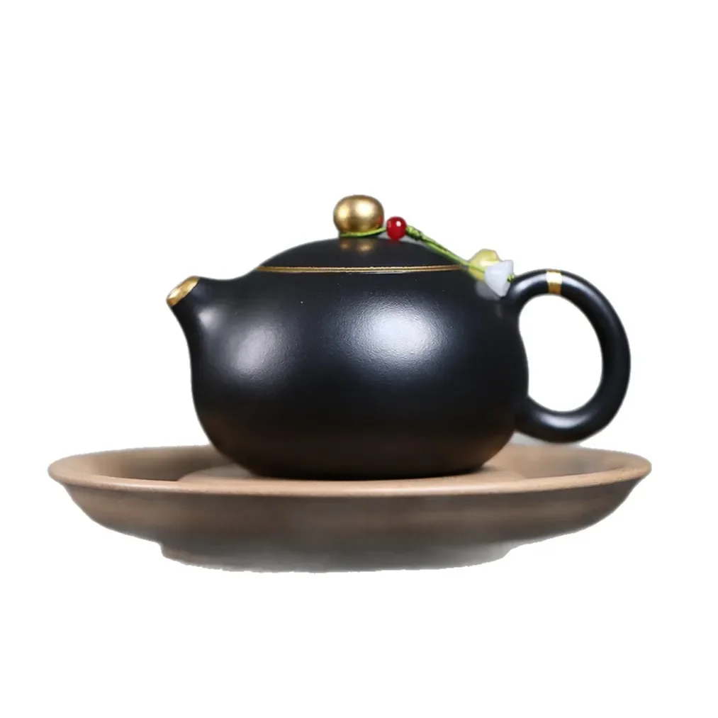 Yixing Zisha Teapot Handmade Gold-painted Black Retro Tea Pot Luxury Tea Maker Teapot Gift Classic Xishi Household Teapot Gift