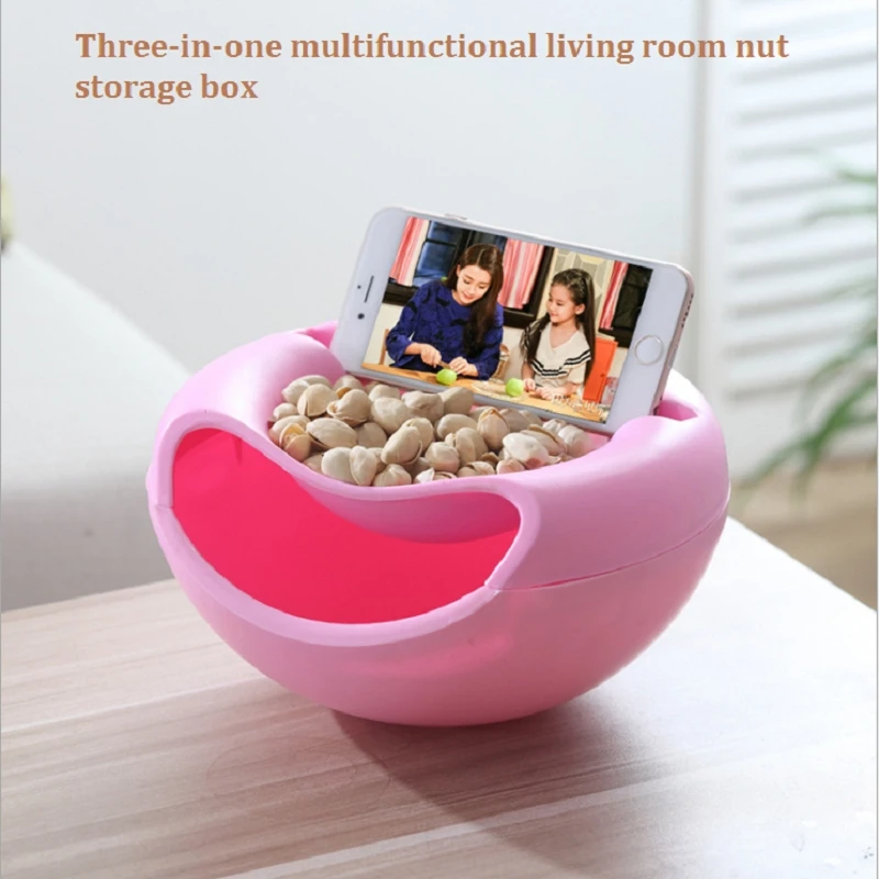 1 PCS Modern Living Room Creative Shape Lazy Snack Bowl Plastic Double Layers Lazy Fruit Plate Bowl with Cellphone Holder Slot