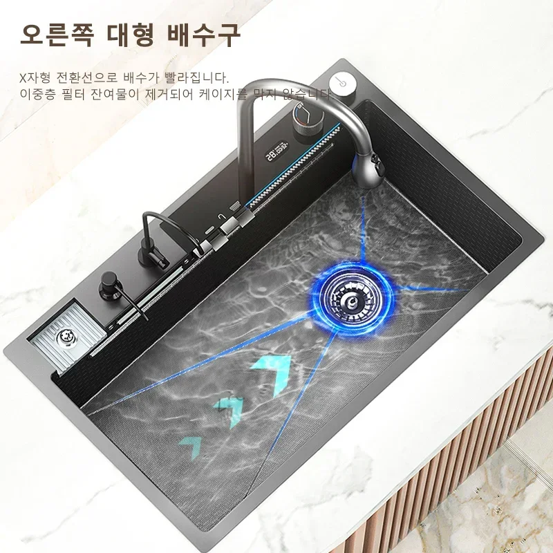 Stainless Steel Waterfall Kitchen Sink Large Single Slot Digital Display Faucet Set Multifunctional Wash Basin Washing Pool