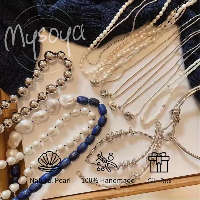 

MYSOYA 10-13mm Baroque Pearl Lapis Lazuli Necklace For Women Men Gift Box Perfect Gift For Wedding Birthday Christmas New Year