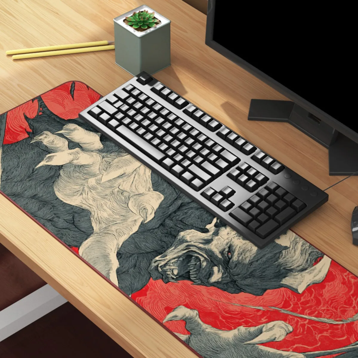 Tapete de mesa para jogos Red Demon Art: base de borracha antiderrapante e superfície de poliéster premium, estética gótica moderna para PC/espaço de trabalho doméstico