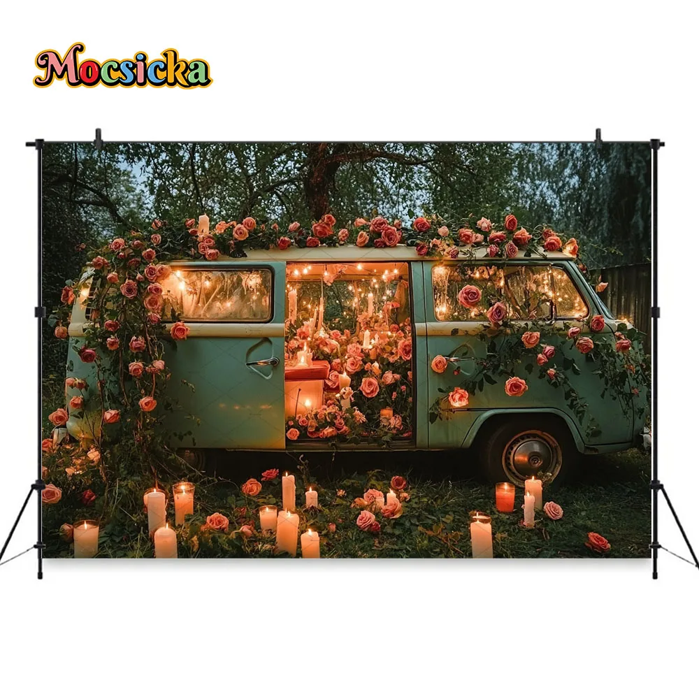 Valentine's Day Background Photography Retro Flower Bus Candle Forest Backdrop Decor Girl Spring Birthday Wedding Photo Studio