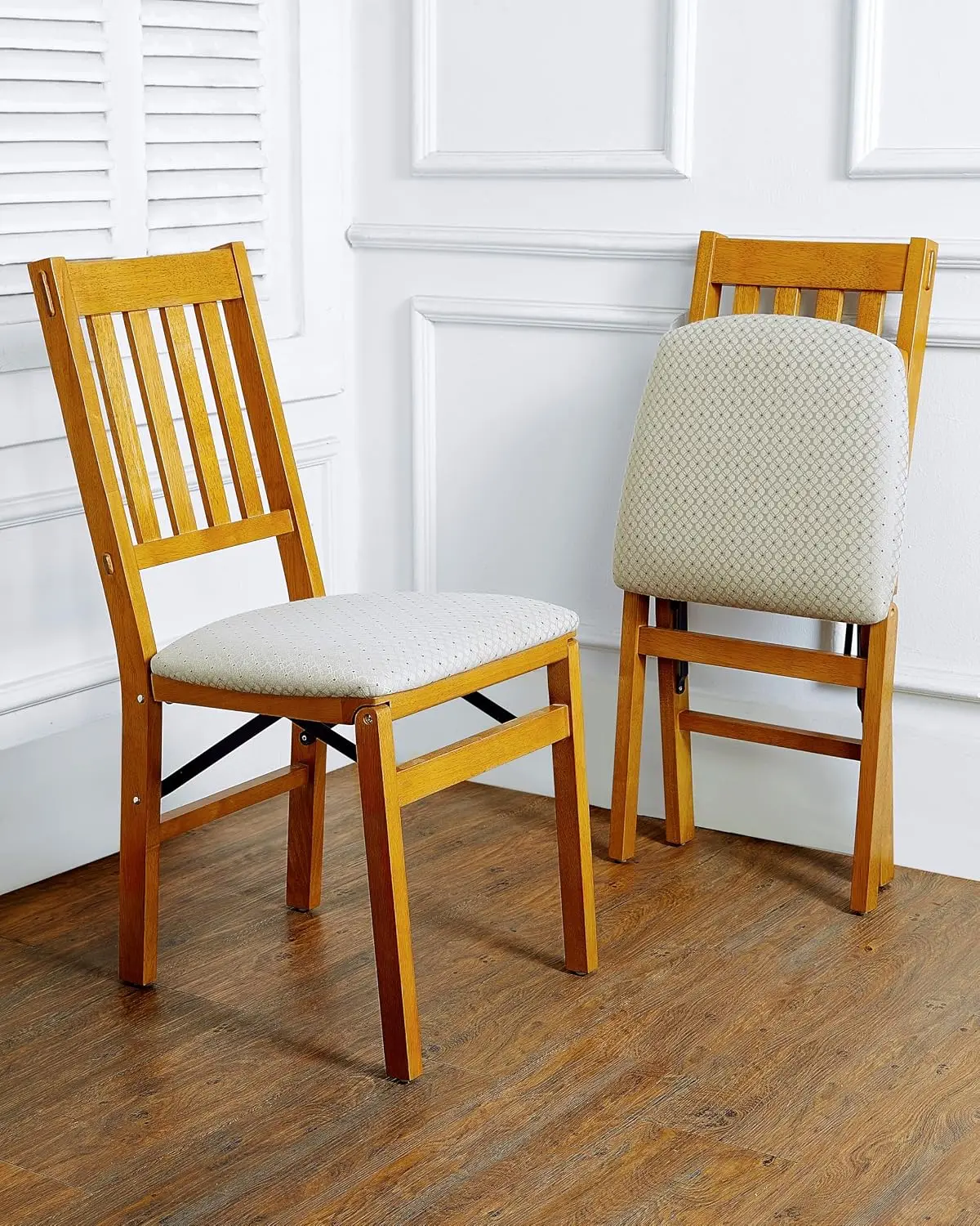 MECO Arts and Craft Wooden Folding Chairs with Padded Seats, Set of 2 - No Assembly Foldable Dining Chairs, Steel Folding Mechan
