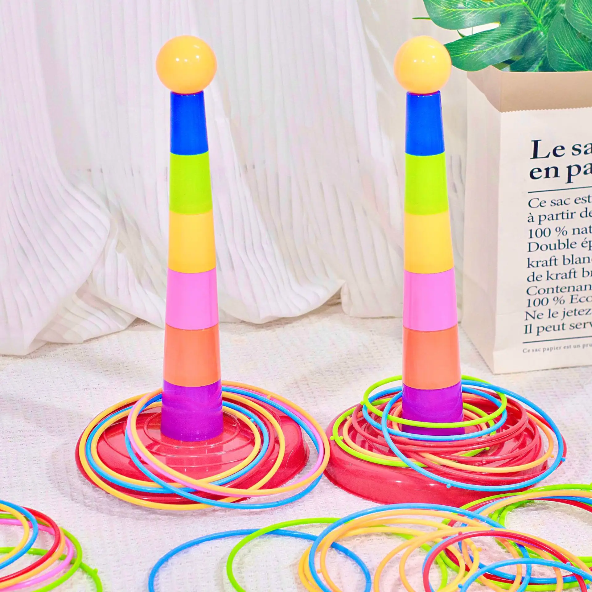 4 크기 무작위 컬러 플라스틱 반지 + 레인보우 타워 키즈 링 던지기 부스 카니발 스포츠 장난감 던지기 속도 민첩성 훈련 게임