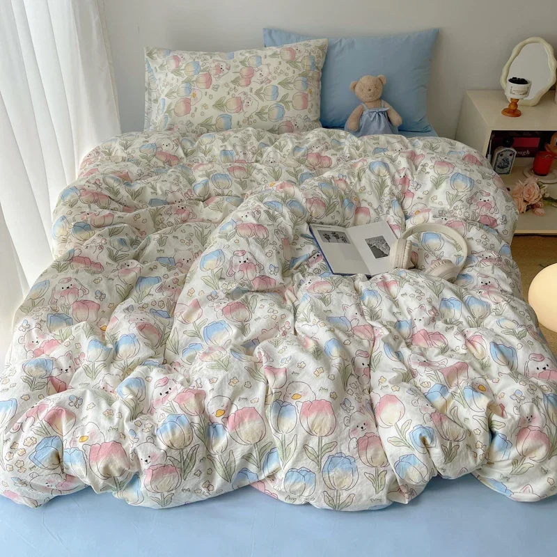 

StrawBerry Korean Style Cute Bedding Set For Girls Bed Linen New Skin Friendly Fresh Flora Printed Washed Cotton Duvet Cover Set