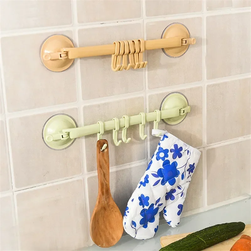 Wall-mounted Kitchen Hooks Suction Cup 6 Hooks Strong Adhesive Hook Bathroom Corner Nail-free Seamless Rack Hanger Hook Shelves