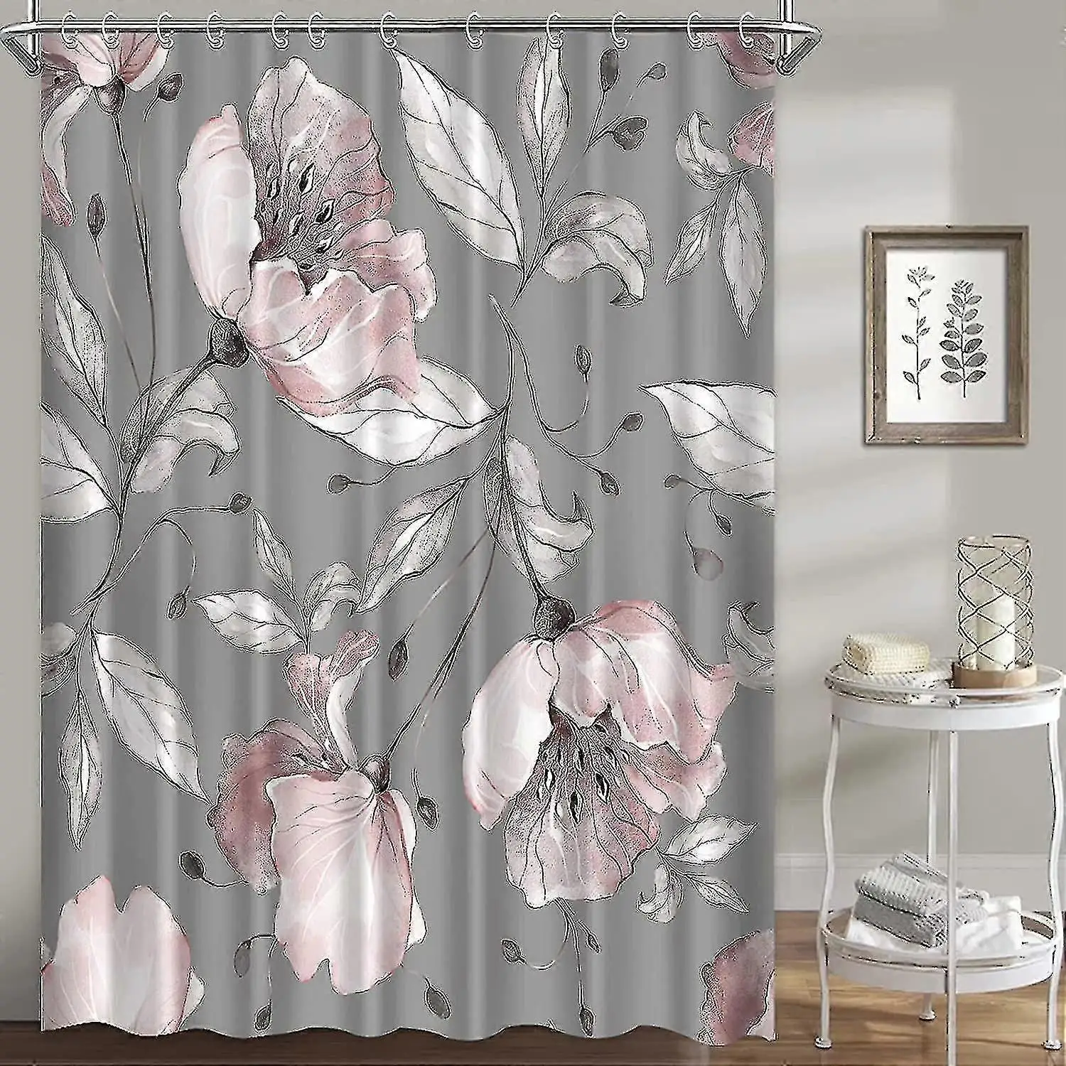 

Elegant Pink & Gray Floral Print Waterproof Shower Curtain - Stylish, Durable & Easy-Care for Romantic Bathroom Décor